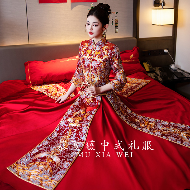 丝绒立体绣龙凤褂秀禾服新娘结婚嫁衣中式敬酒服出阁回门