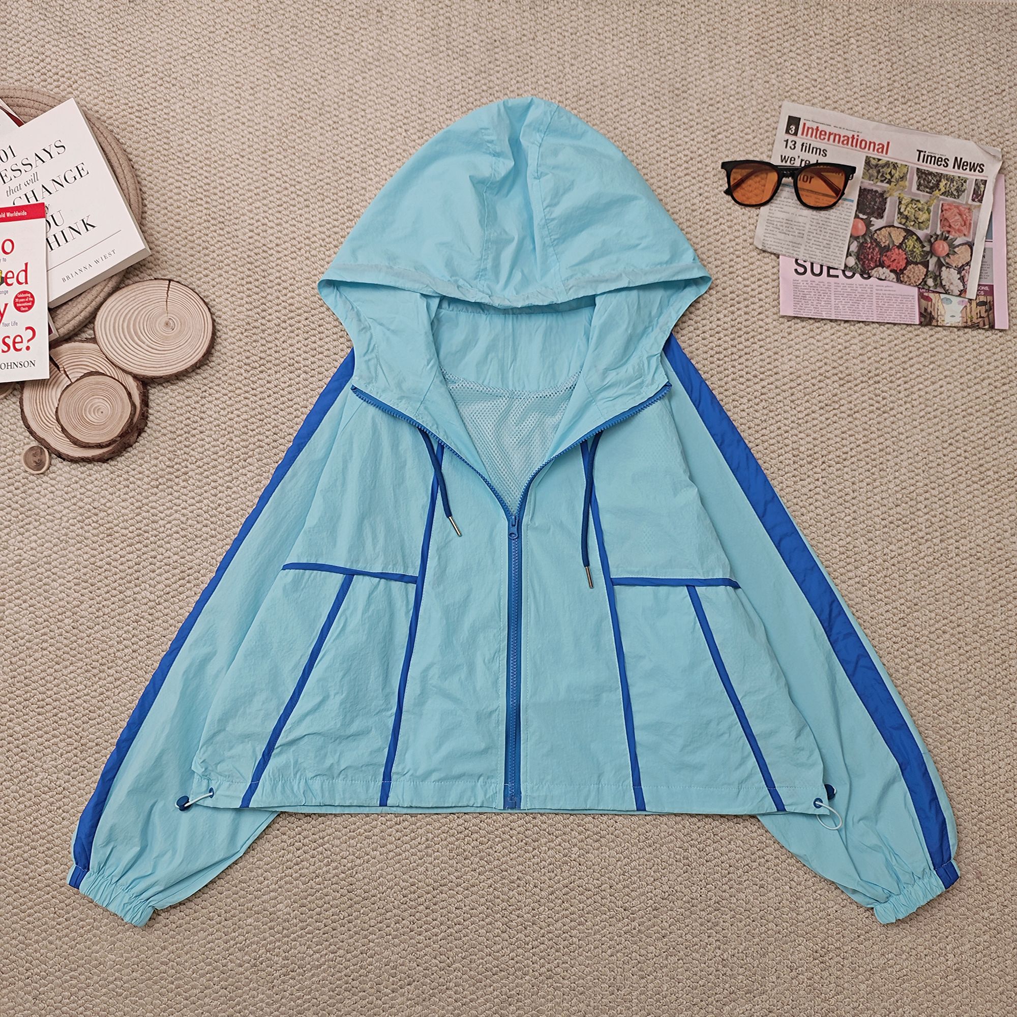 2025夏季新款纯色拼色字母印花连帽防晒风衣长袖外套2082