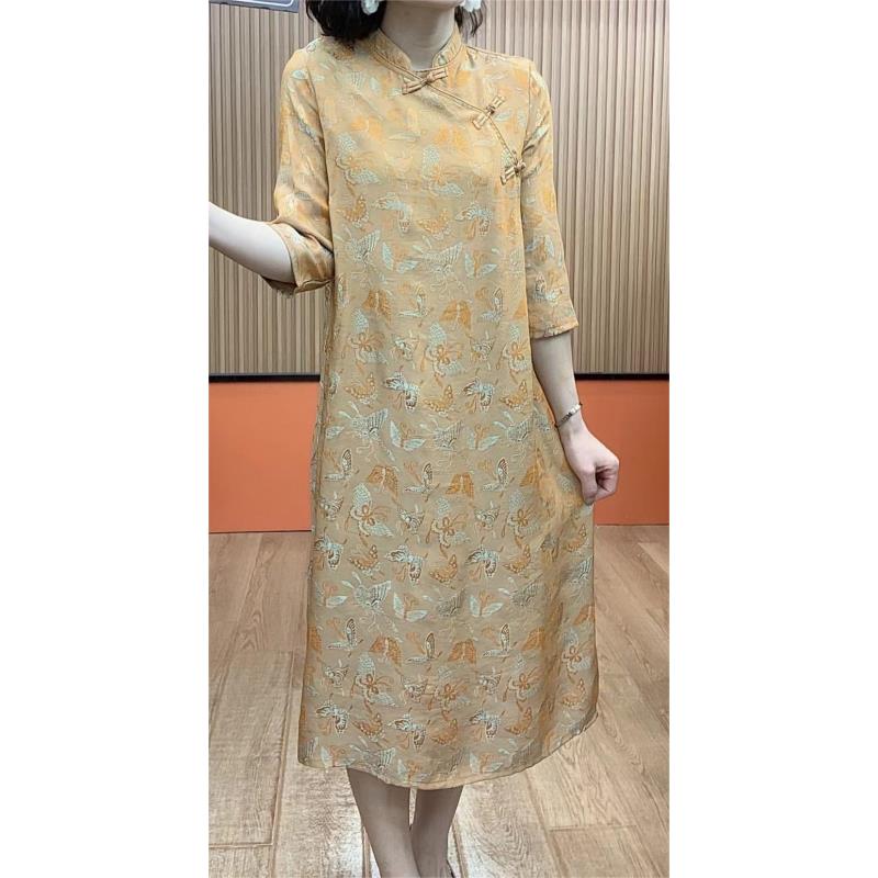 8266-34新款时尚印花气质连衣裙（桔色）