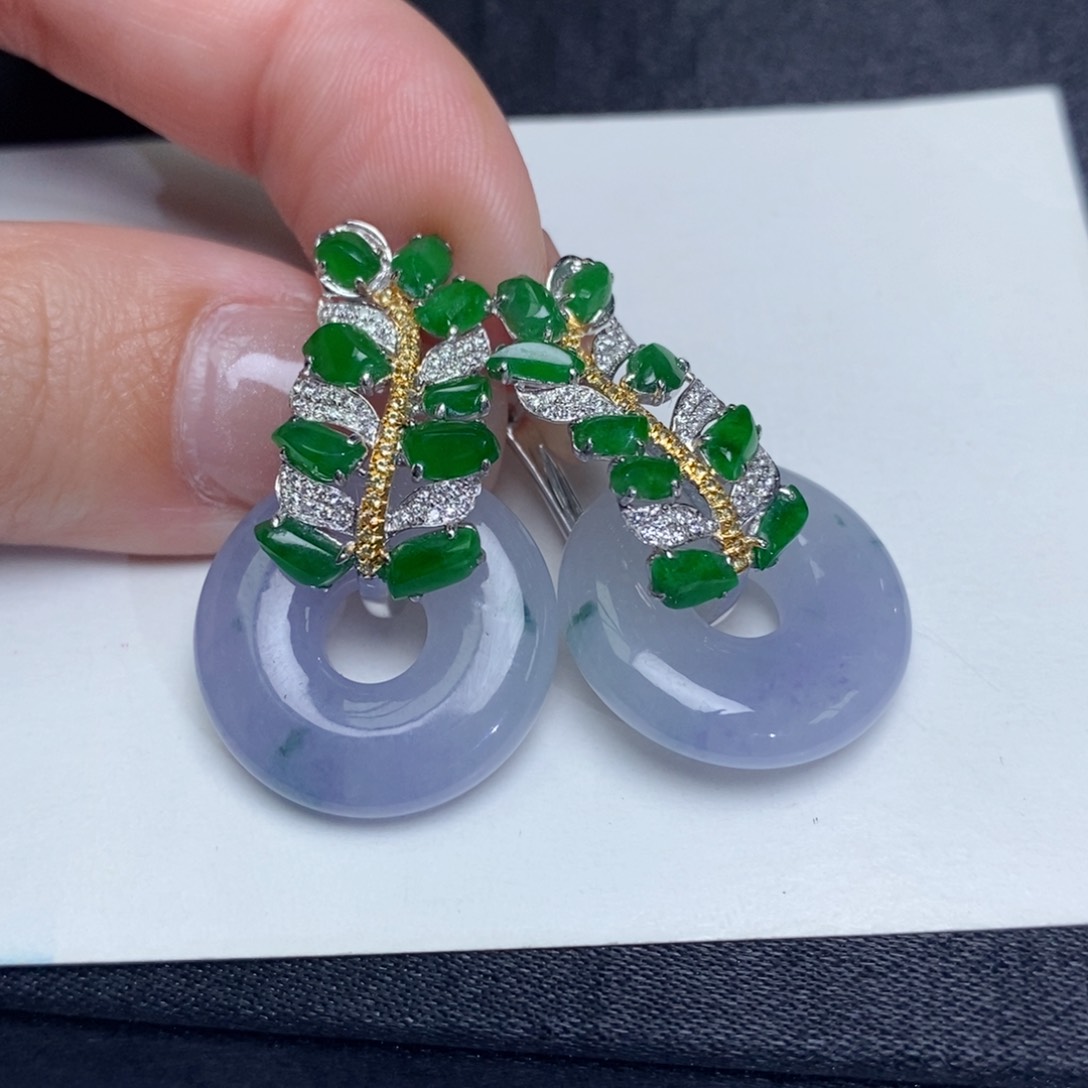 翡翠耳饰18K金镶嵌飘紫甜甜圈➕随形麦穗耳扣