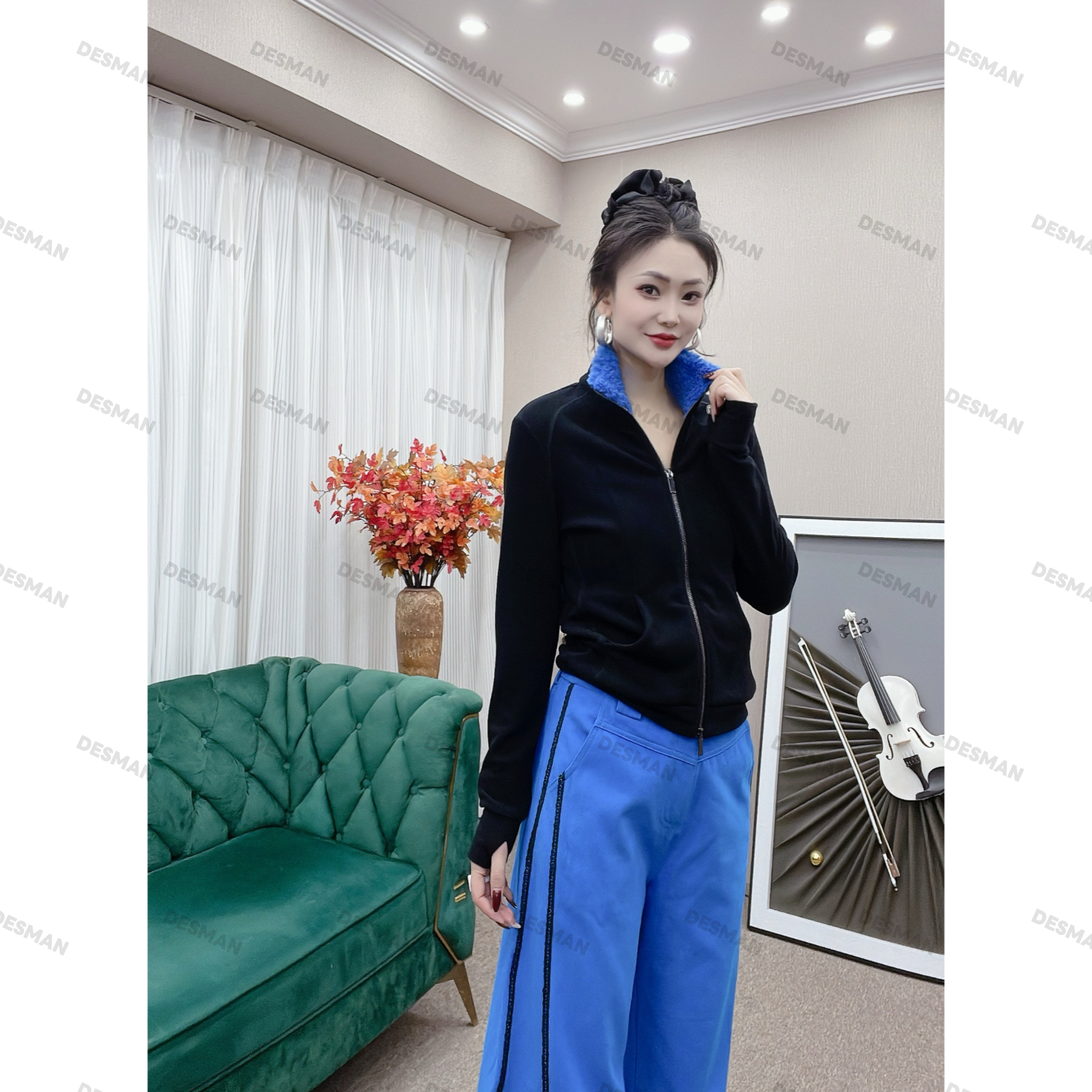 【DESMAN】秋冬新款女双面澳绒保暖修身显瘦拉链开衫上衣