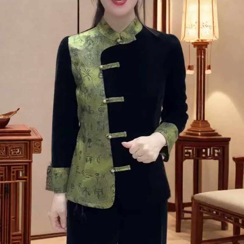 中年妈妈春装洋气金丝绒中式上衣中老年国小衫
