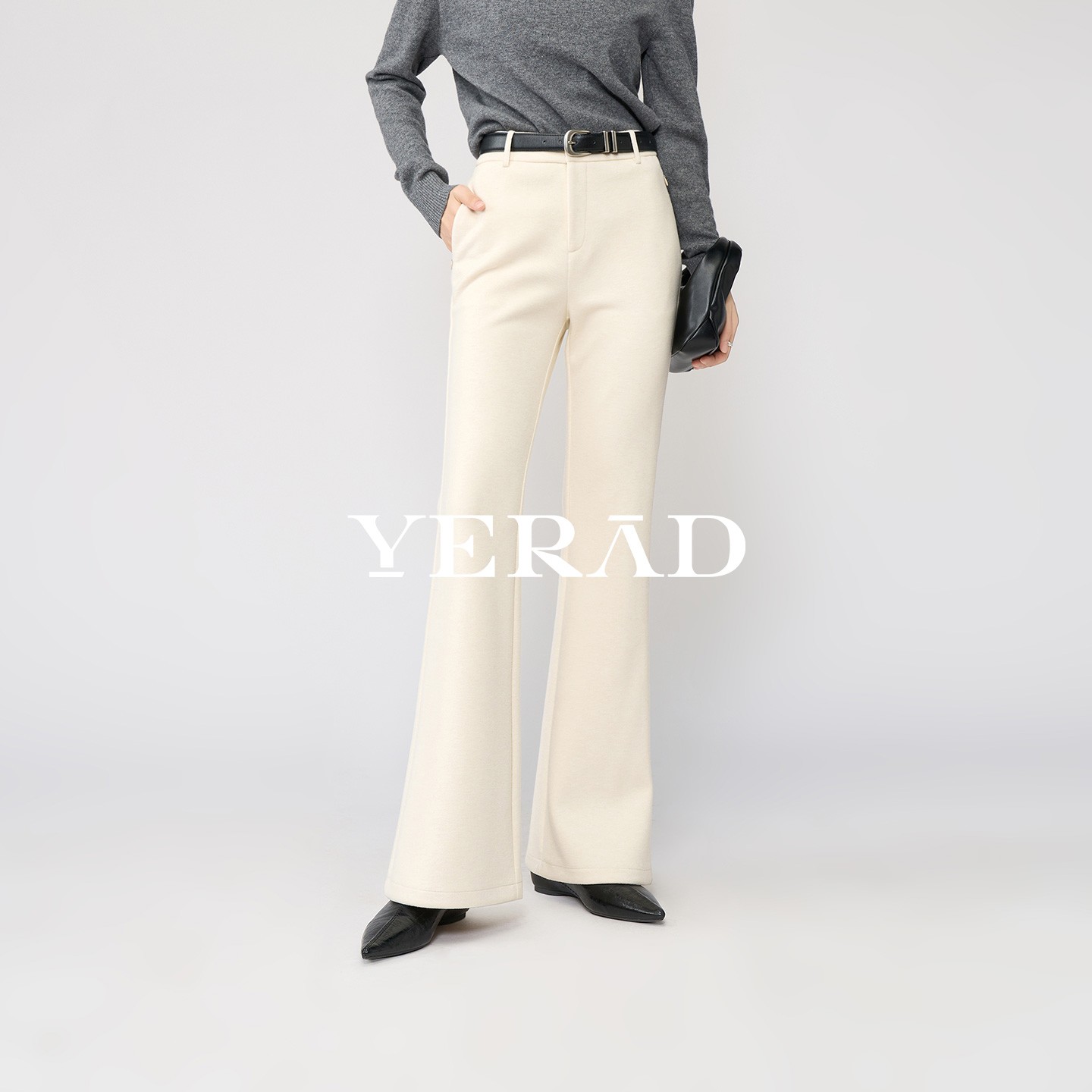 娅丽达羊毛针织直筒喇叭裤女2025冬季新款米色长裤高弹显瘦微喇裤