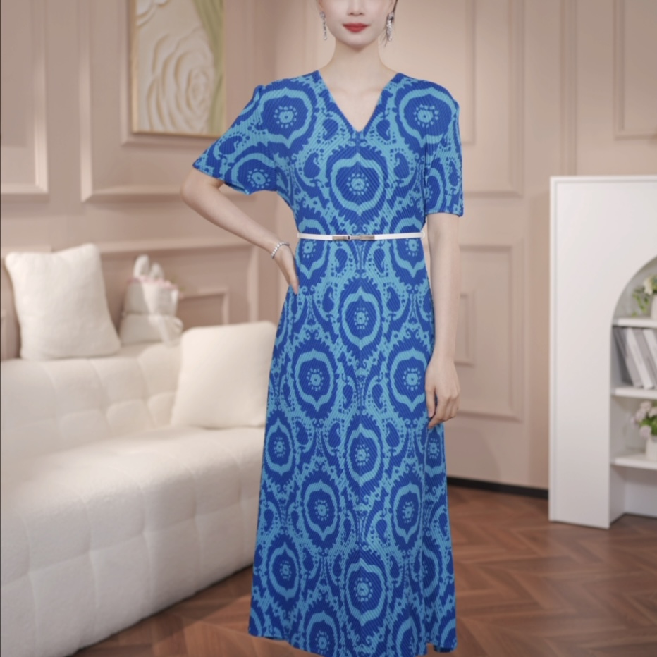 珩耀褶皱三宅气质2025优雅显瘦法式夏季中长款连衣裙