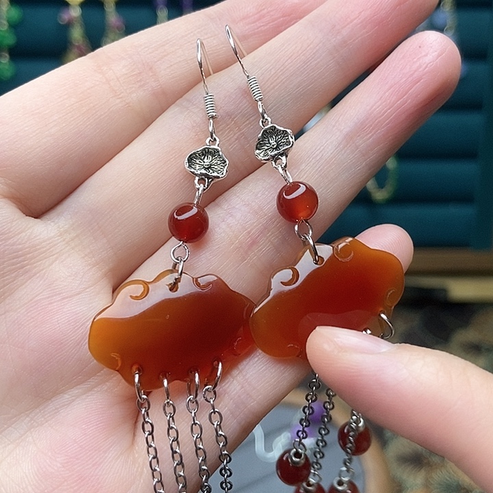 石英质玉耳钉银S925镶嵌