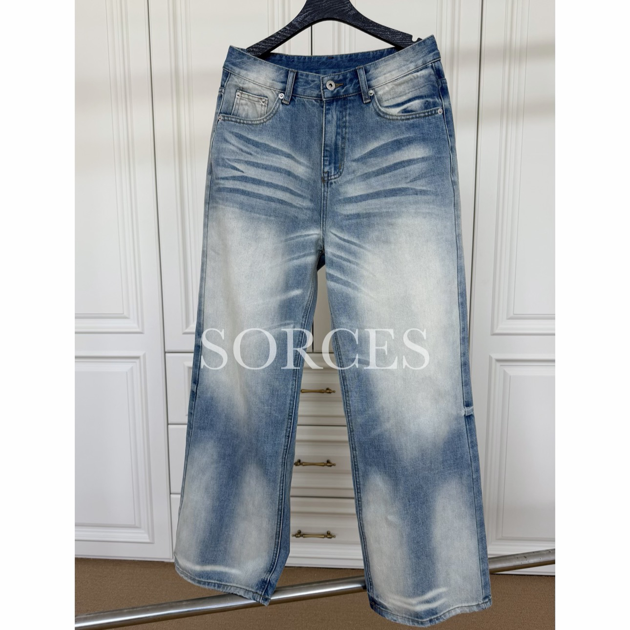 SORCES  冰蓝水洗奶油高盎司猫须A字版型直筒宽松牛仔裤