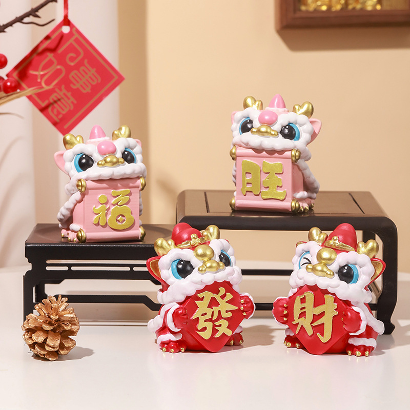 国潮醒狮摆件入户门玄关酒柜桌面装饰品粉色麒麟办公室工位布置