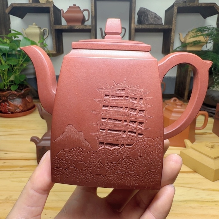 紫泥壶再****文半手工紫泥方壶