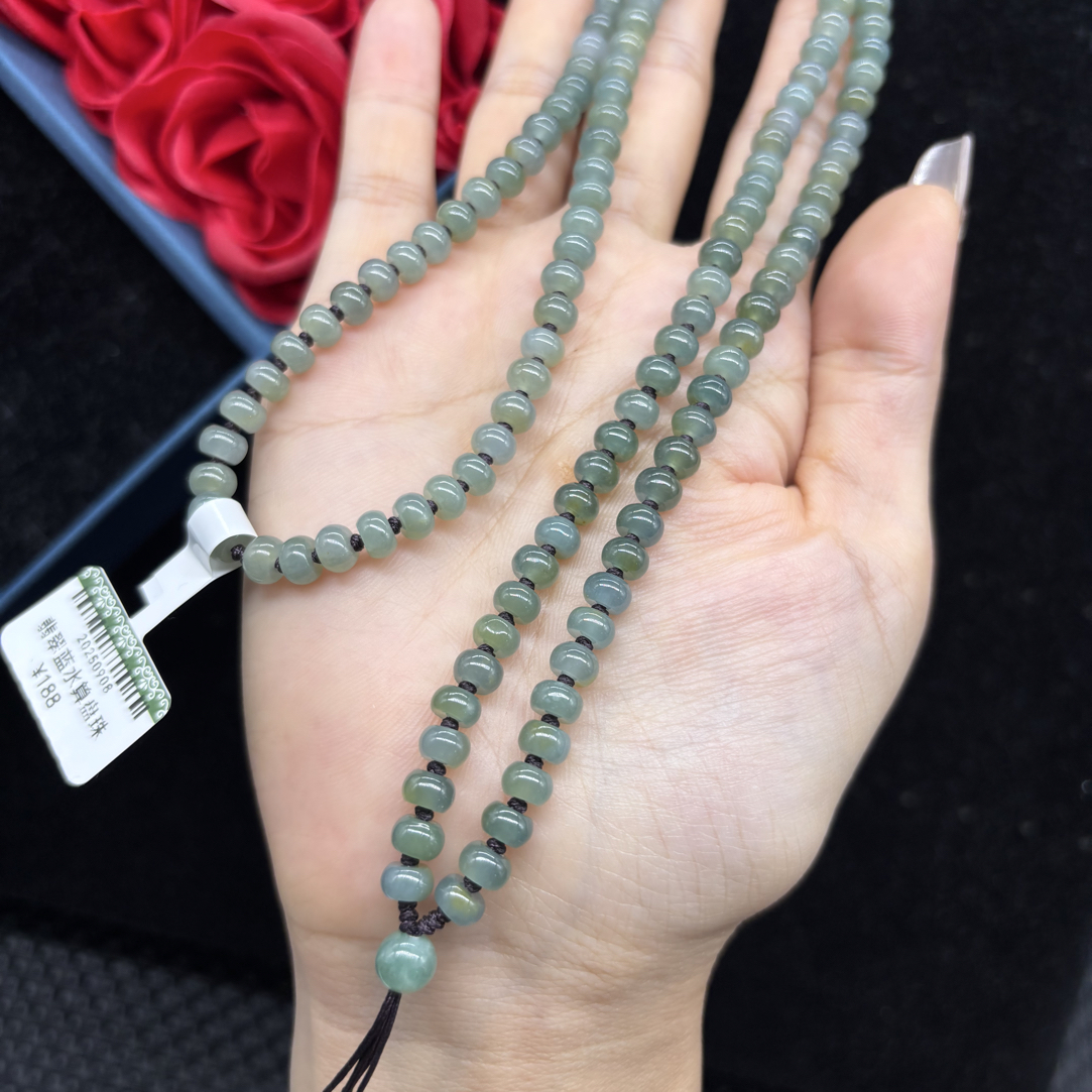 保真天然A货翡翠冰种蓝水算盘珠6mm玉石吊坠绳毛衣链项链时尚百搭