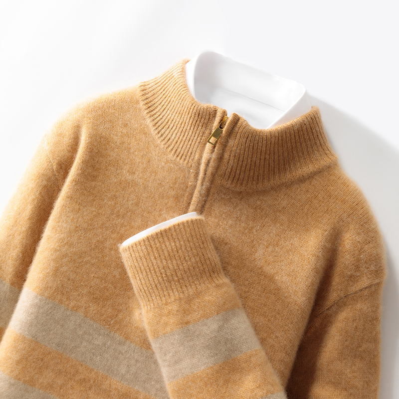 青少年款！秋冬新款100澳洲羊毛男加厚拉链领条纹时尚潮流打底衫