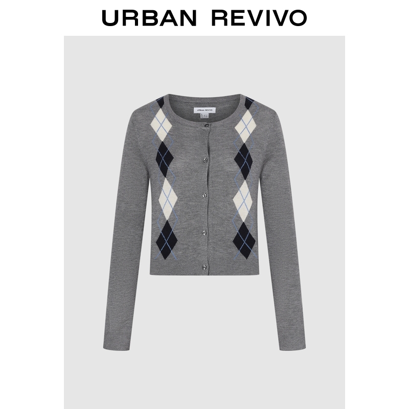 UR2025秋季新款女装休闲学院风撞色菱格纹针织开衫UYL950220