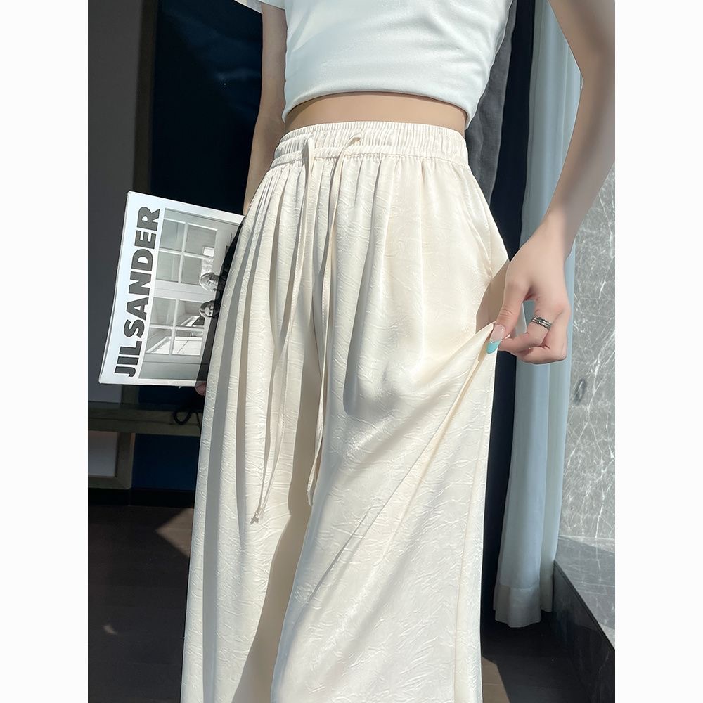 新中式醋酸缎面裤子女夏季薄2025新款高腰垂感直筒国风冰丝阔腿裤