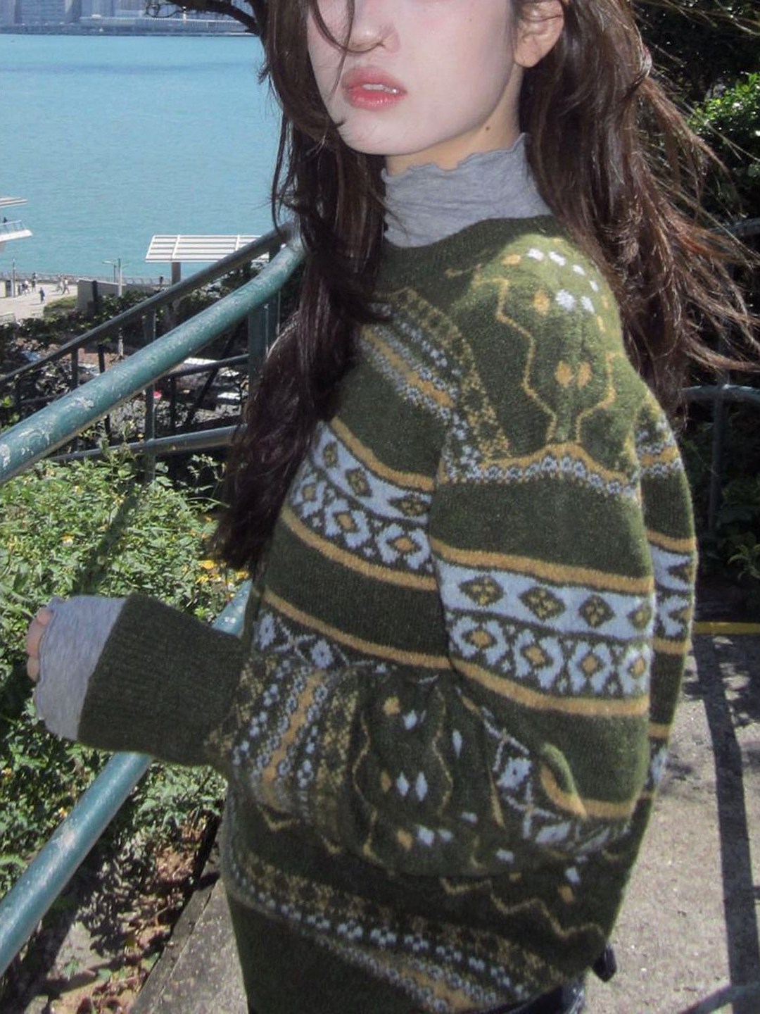 费尔岛圣诞风绿色毛衣女冬季加厚高级感复古提花撞色百搭针织衫