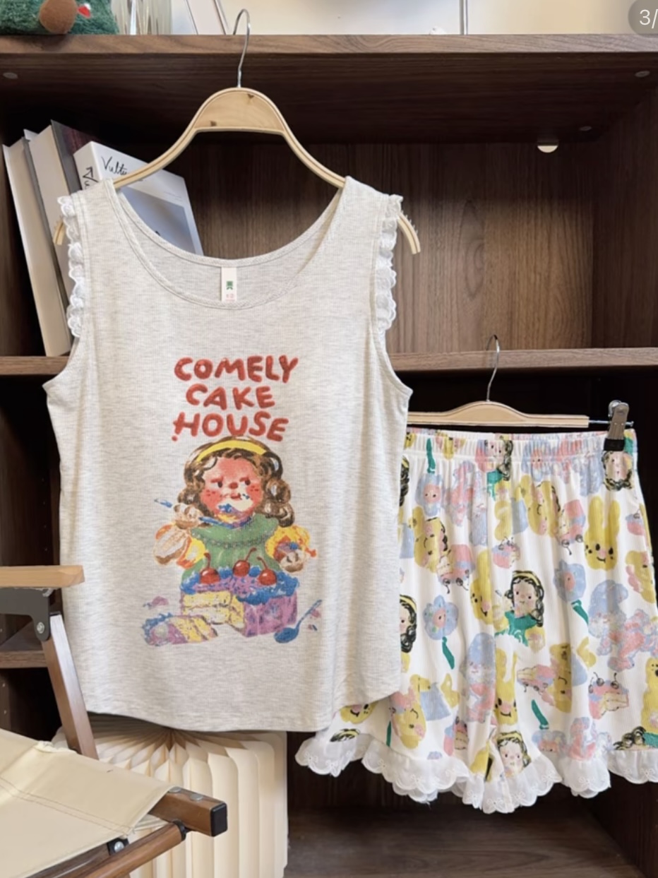 【油画女孩】带胸垫女士夏季可外穿莫代尔家居服背心短裤套装