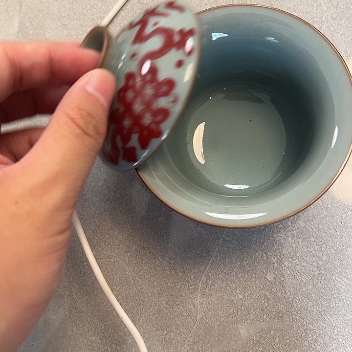 摆件L****迪景德镇釉里红狮子滚绣球两才马蹄盖碗老陶泥