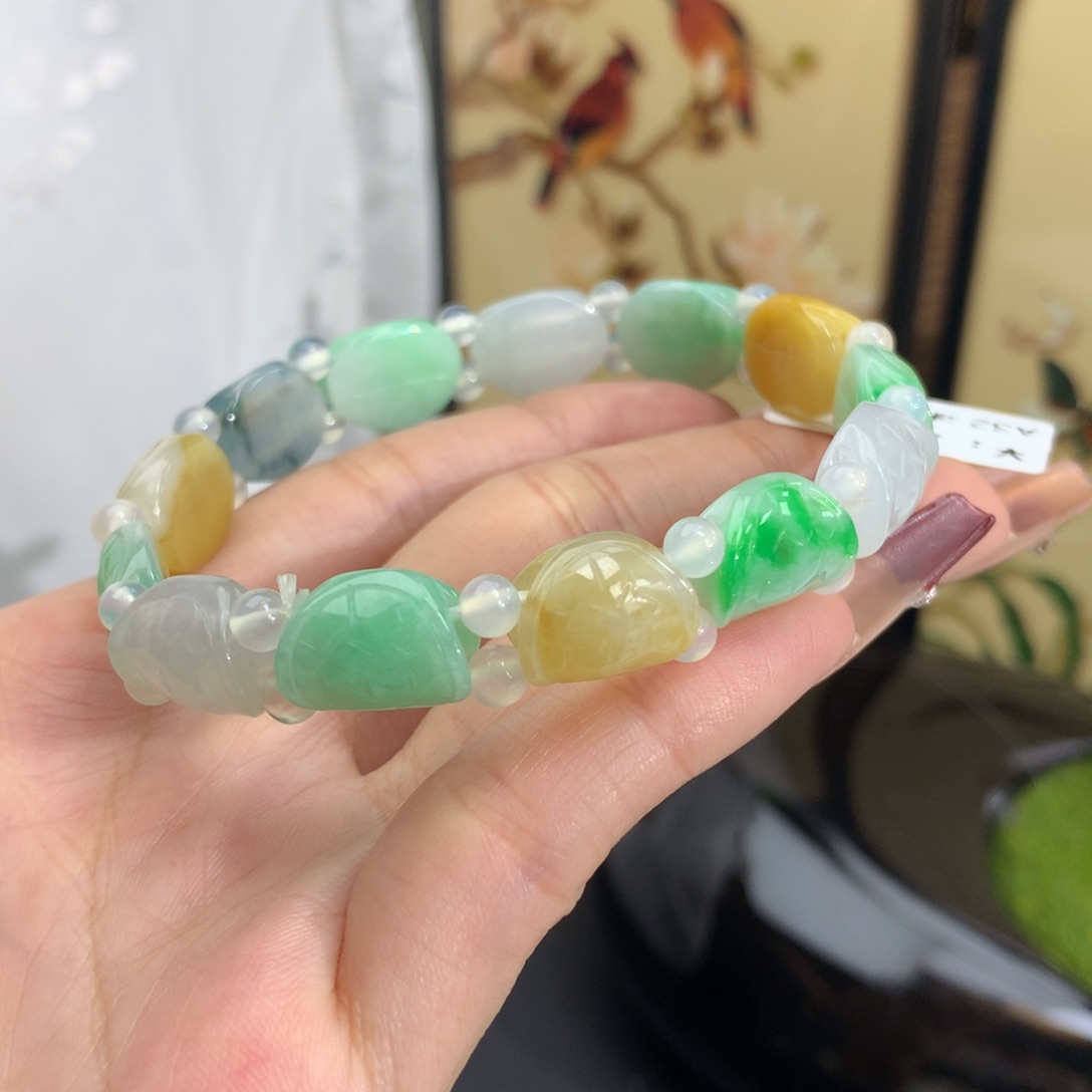 翡翠手链未镶嵌卡10-13+冰胶富甲天下多宝手串