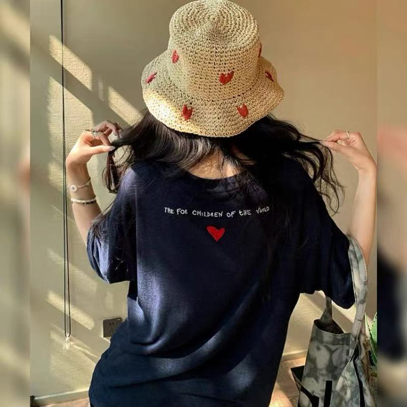羊范夏日情书棉麻~夏季新款圆领后背字母阔版短袖百搭减龄T恤衫女