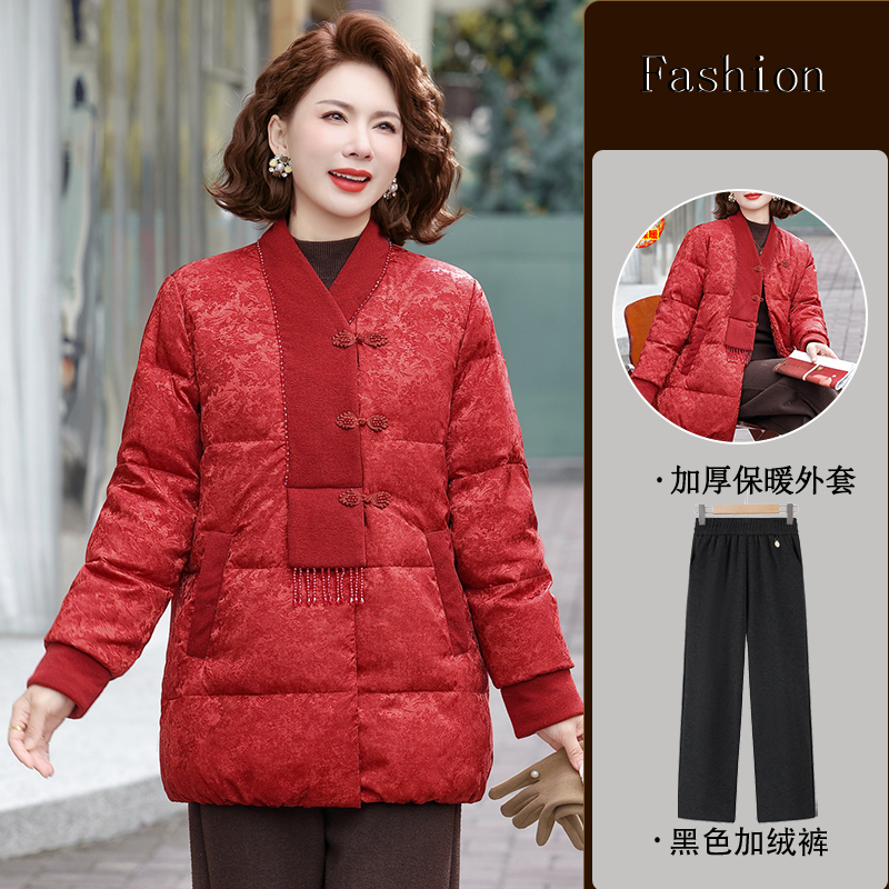 新中式国风中年妈妈红色轻薄羽绒棉服女短款2025冬季新款喜婆婆外