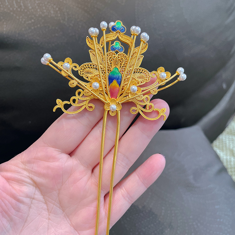 足银珐琅银制品 古法花丝缠绕镶嵌镂空新中式发簪子云纹如意婚嫁