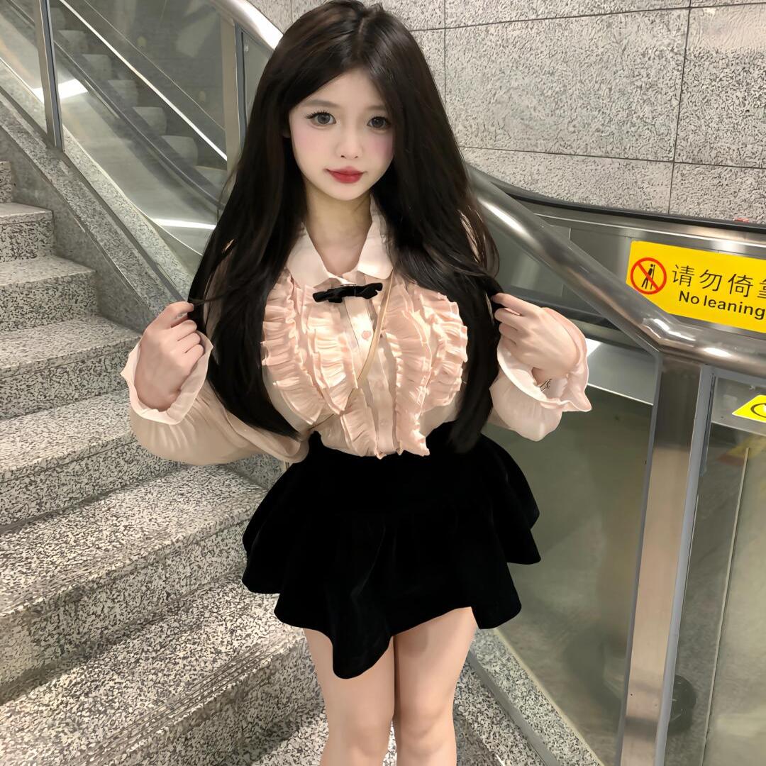 纯欲风法式甜辣泡泡袖花边长袖上衣女秋季胖mm蓬蓬裤裙套装两件套