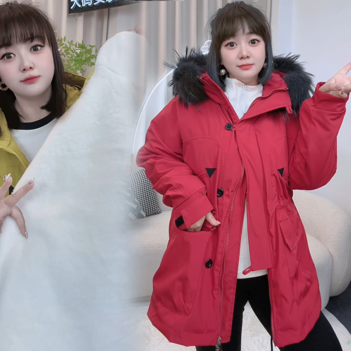 大码女装冬装加绒加厚派克服外套胖妹妹中长款棉服冲锋衣宽松收腰