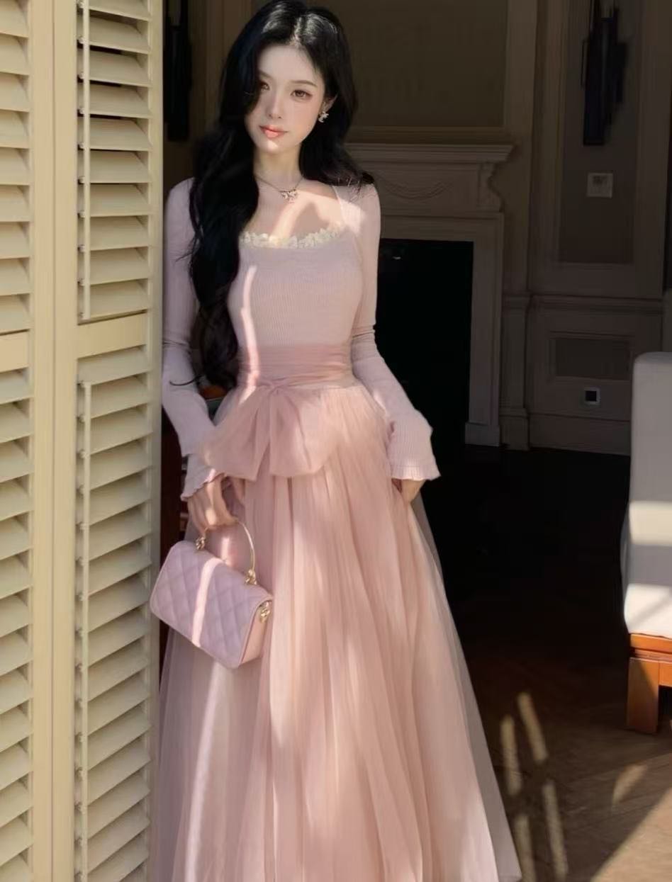 胖妹妹少女感温柔拼接网纱仙女风显瘦长袖连衣裙加厚6613