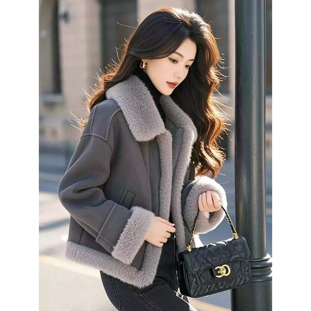 今年流行的独特超好看小香风灰色皮毛一体短款外套女冬季2025新款
