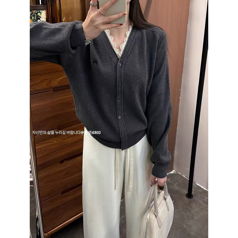 【黑色】开衫外套3604超柔软高品质V领蕾丝花边针织毛衣