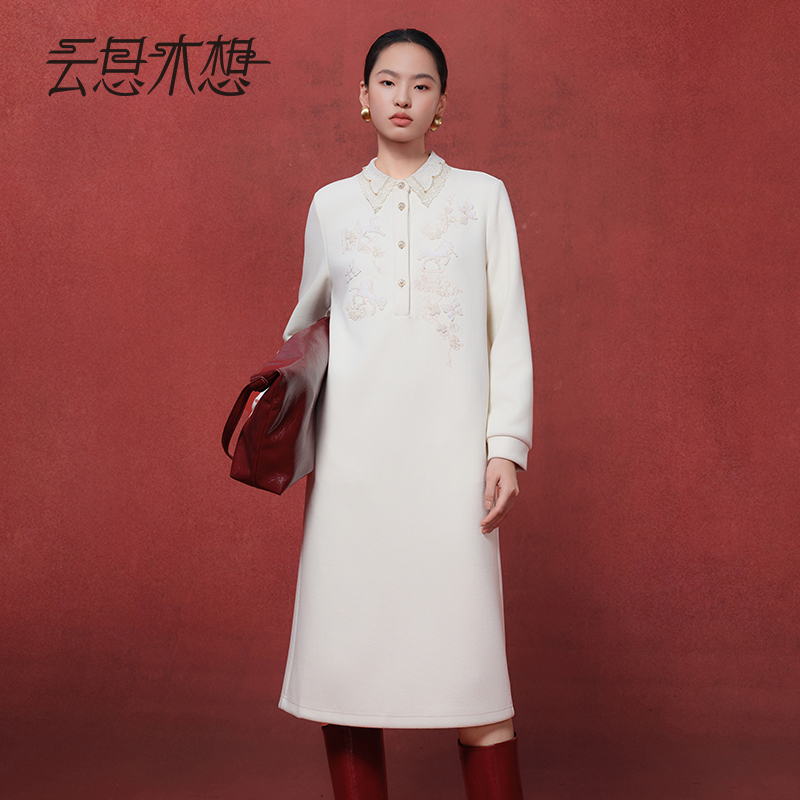 Ysimo-X云思木想 骏马迎春 新款直筒蕾丝花边绣花中长连衣裙14327