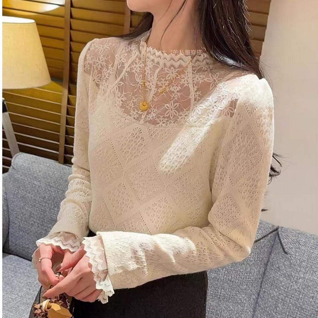 长袖百搭小衫加绒蕾丝拼接秋冬打底衫洋气蕾丝衫超仙女装气质上衣