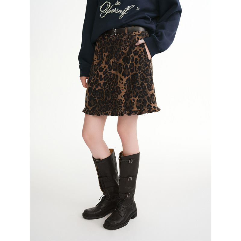 独束大码女装【柔系豹纹】木耳边豹纹印花短裙时尚半裙25DS84233