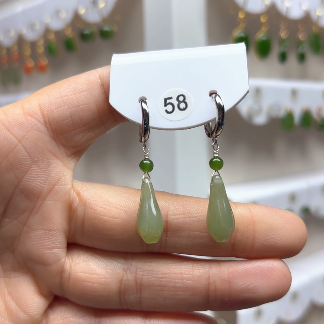 和田玉耳饰银S925镶嵌