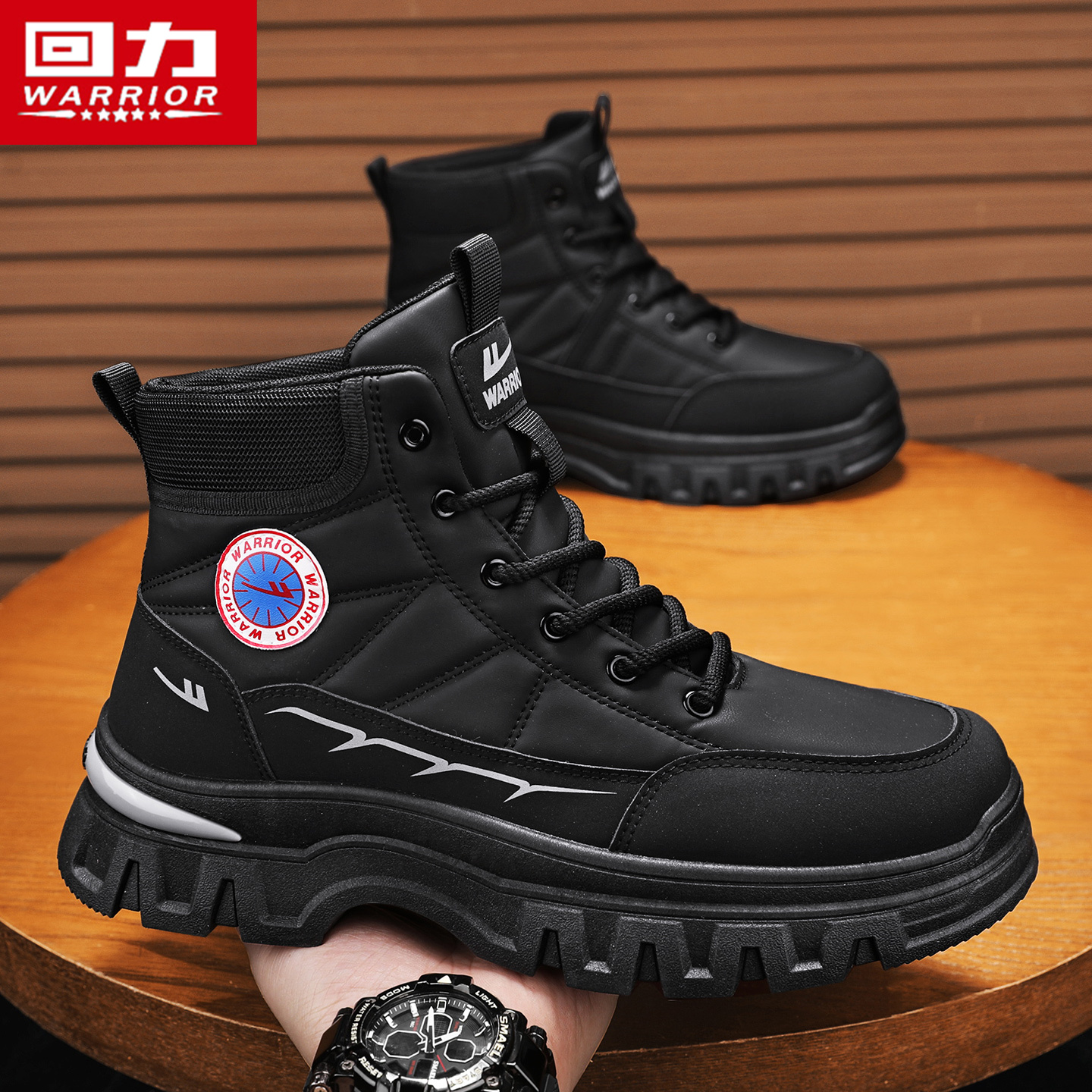 回力高帮休闲鞋男秋季男士工地干活防滑劳保鞋工装靴黑色马丁靴棉