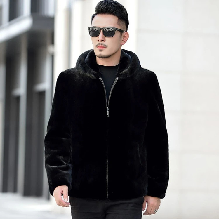 貂皮外套男整貂连帽水貂绒皮草大衣短款秋冬季加厚保暖上衣