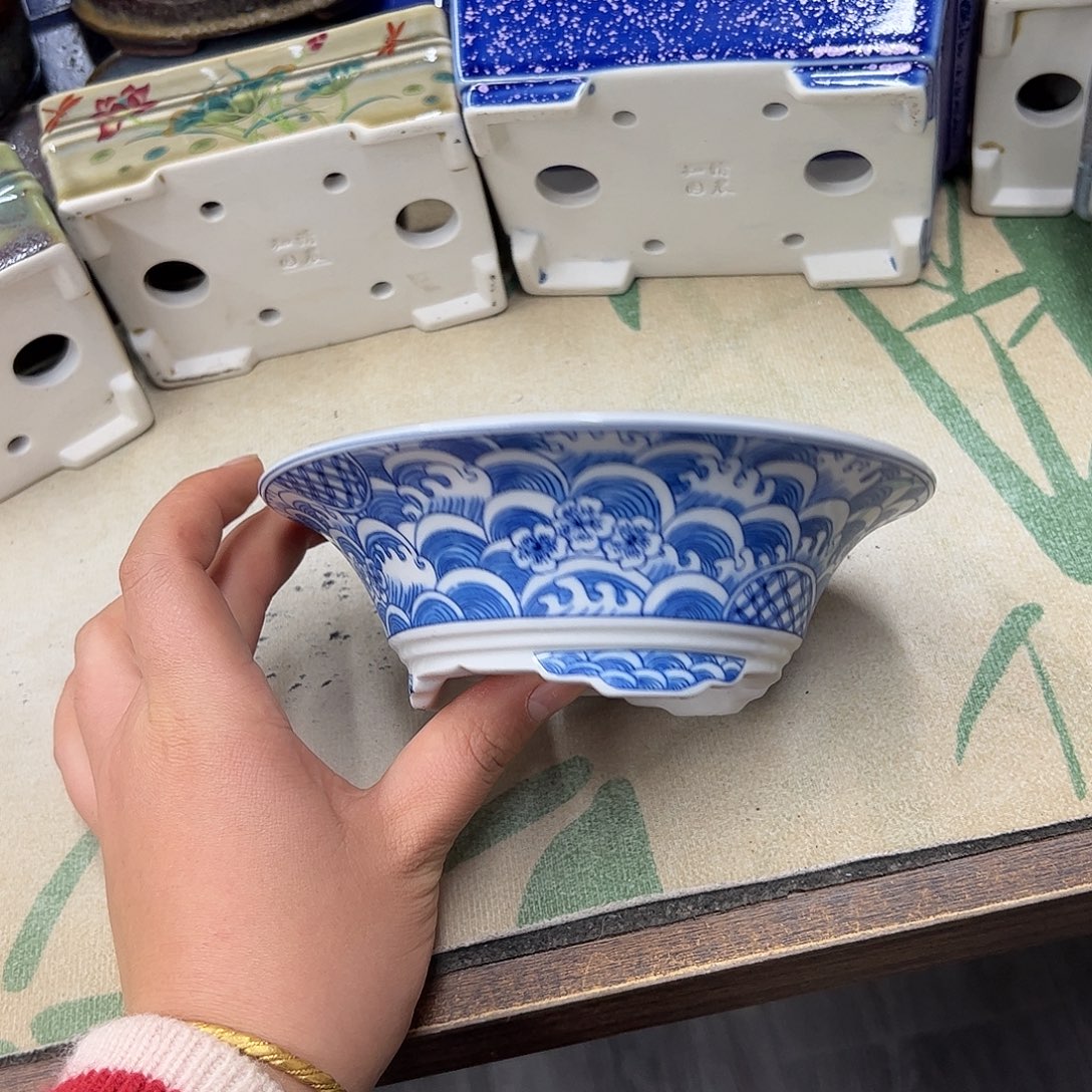 花盆紫砂787号瑕疵15/5cm仿手绘海浪花纹