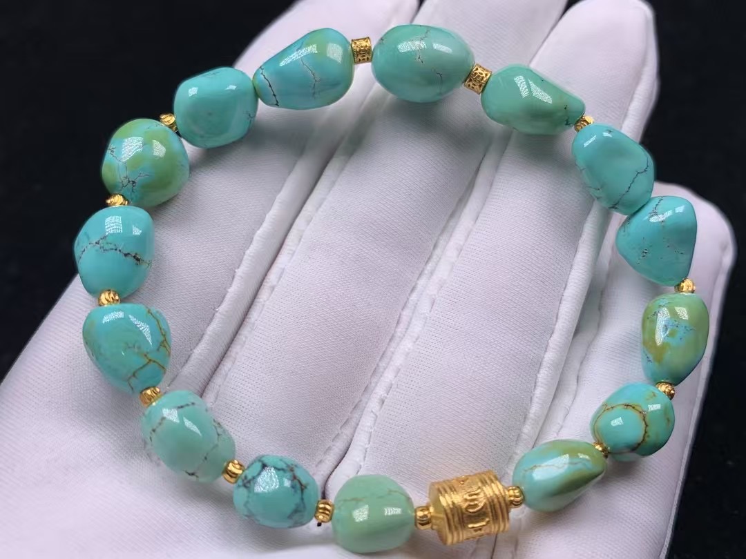 纯天然高瓷精美炫彩水草纹绿松石特色随形手链，瓷度好，直径7.5-11