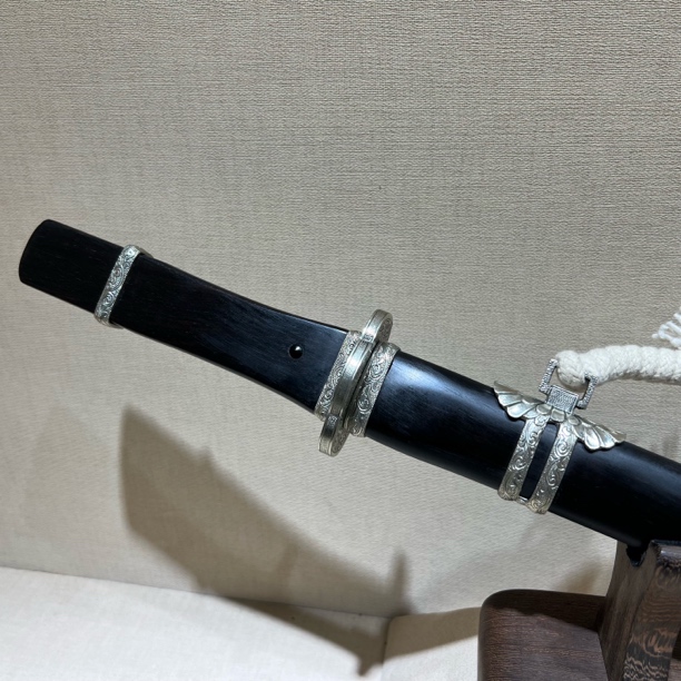 龙影刀剑-金银平托唐横 白铜装 黑檀木鞘 花纹钢未开刃