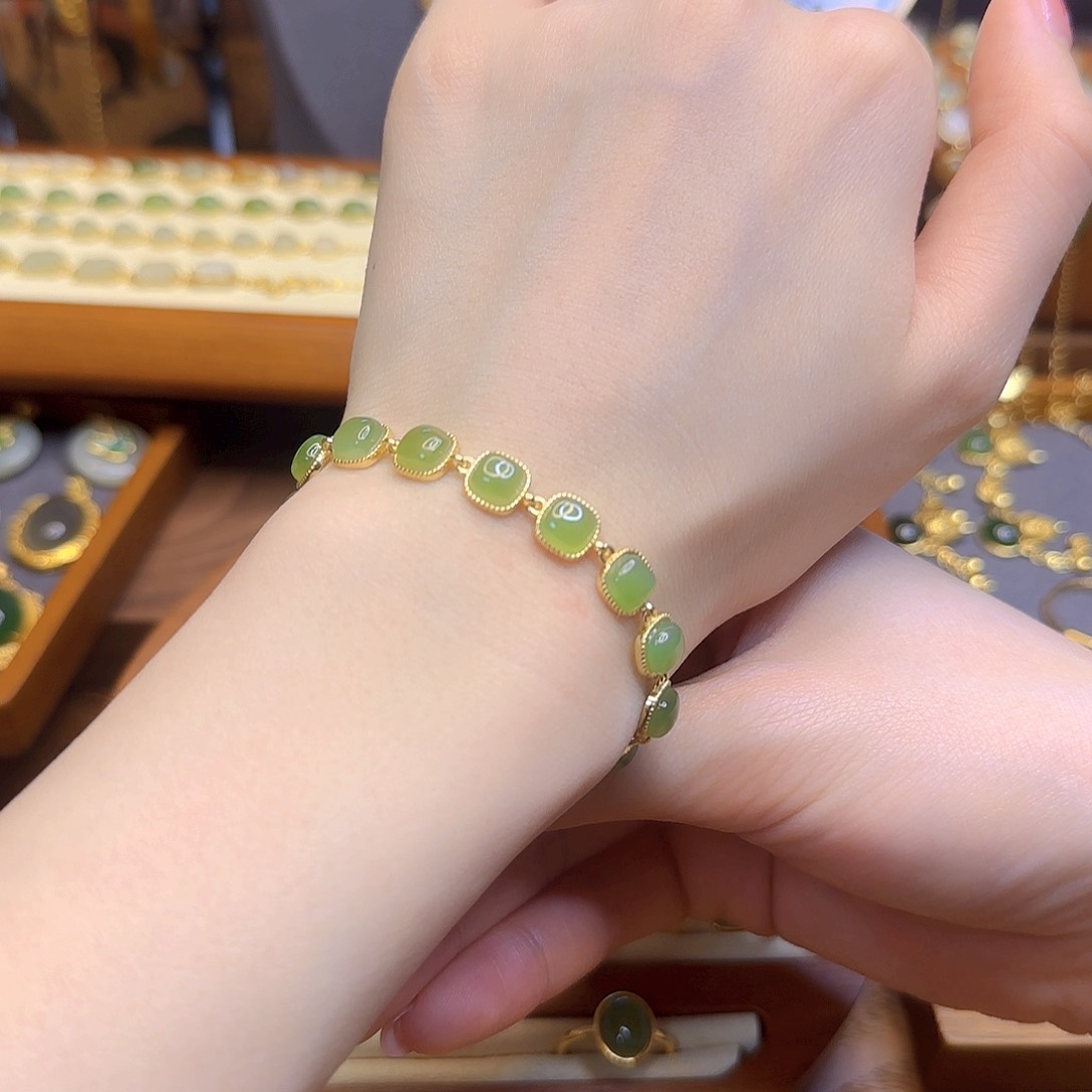 和田玉手链银S925镀金镶嵌