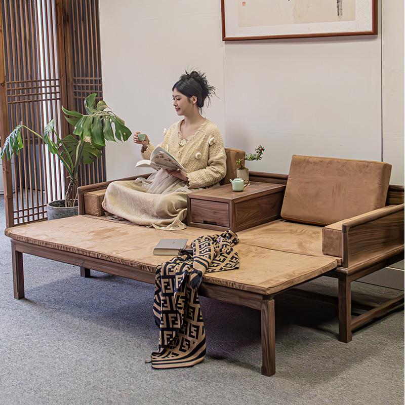 缘林木诗北美黑胡桃木罗汉床实木新中式推拉床小户型伸缩两用沙发