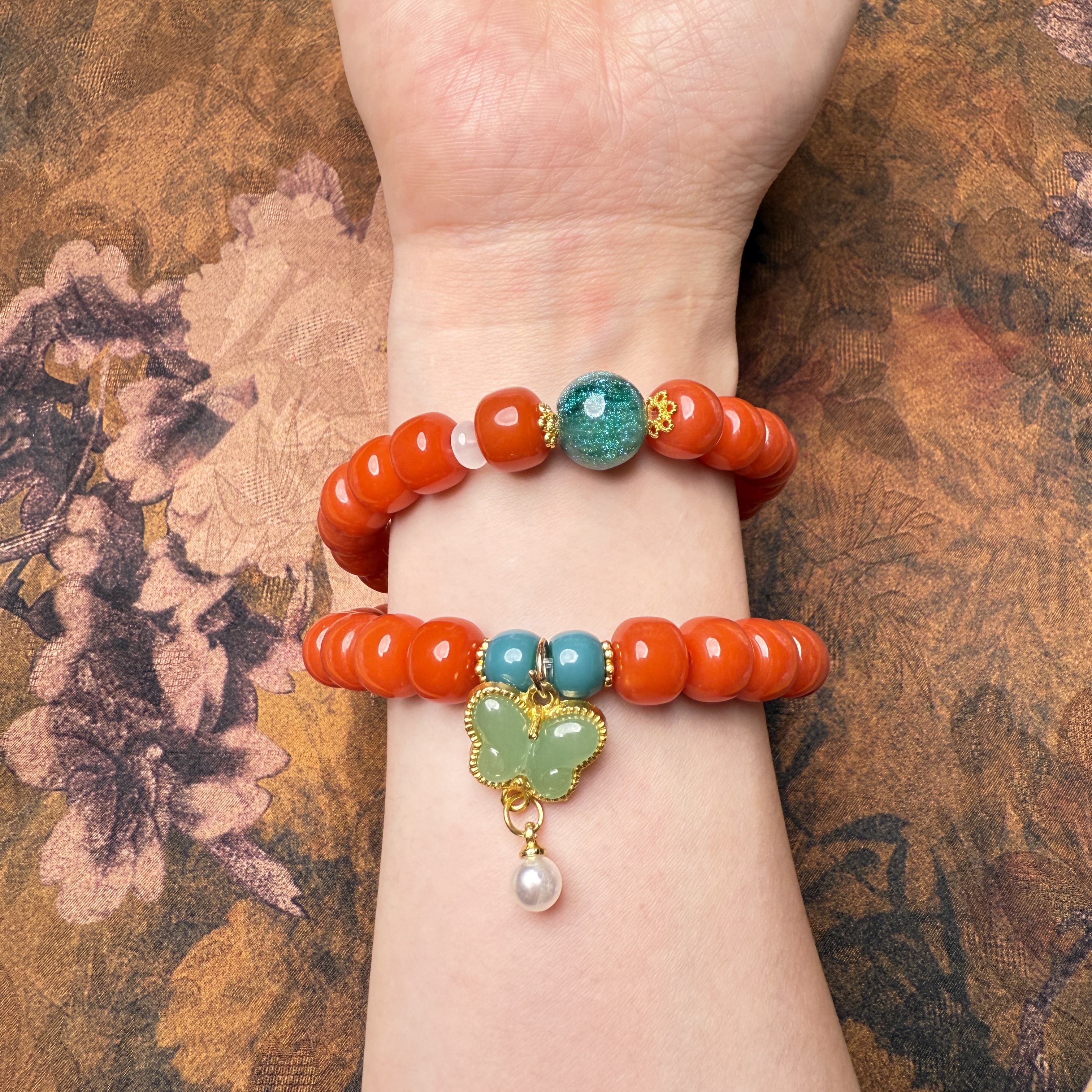 JG0063-橘红菩提8*10mm蝴蝶吊坠+配饰