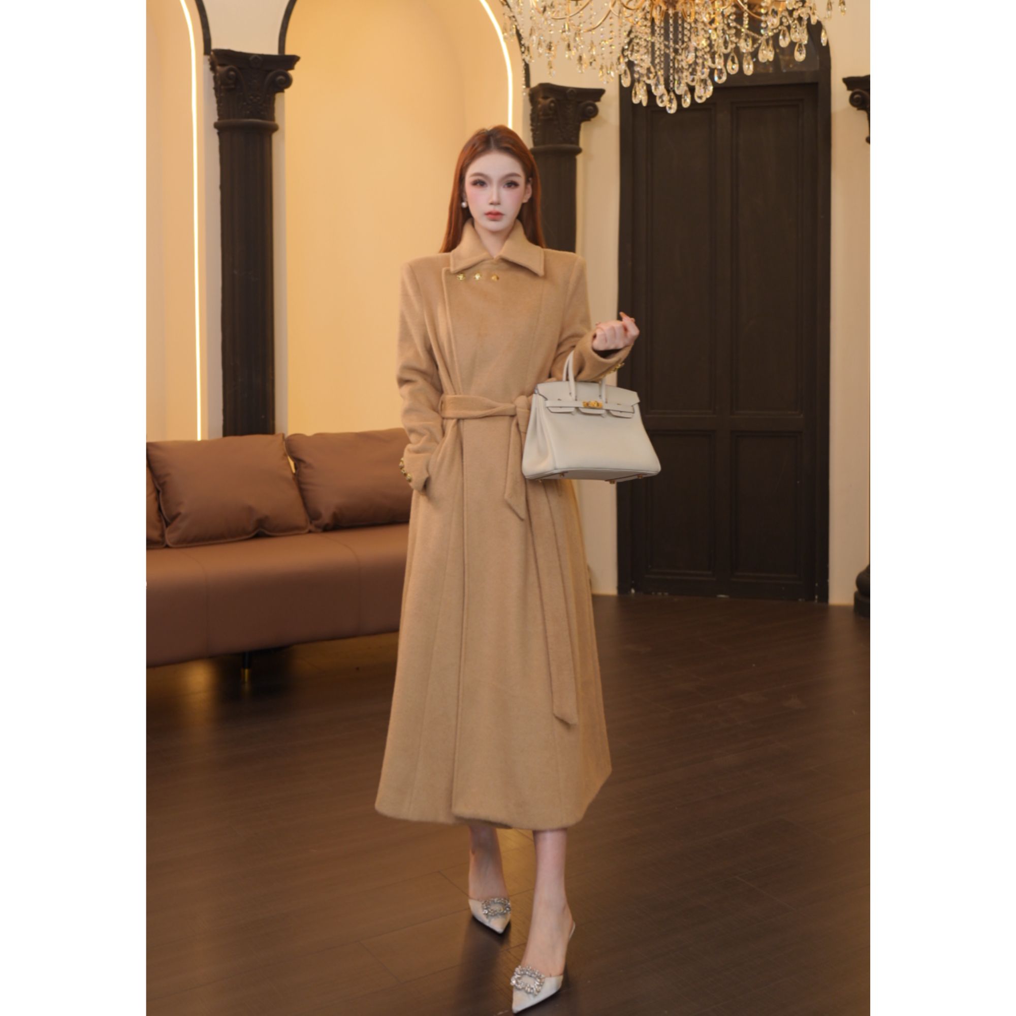 3店-192【温迪定制】高腰型女POLO领冬毛呢外套外套秋装收腰JXK655