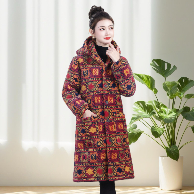 四川省服连帽中长款棉衣女加厚保暖加绒民族风棉袄时尚外套大衣