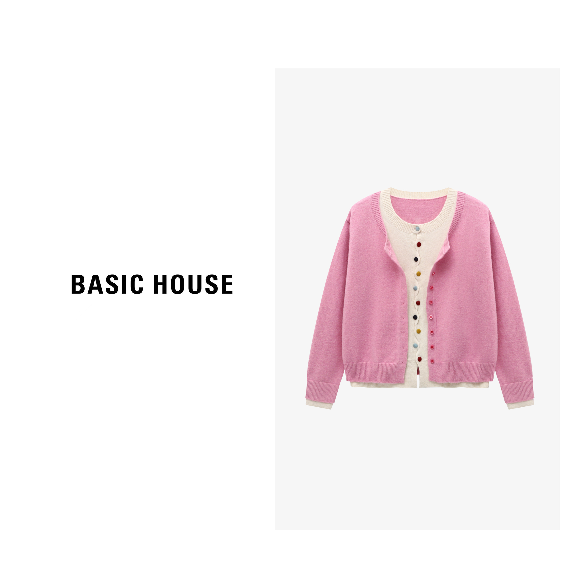 Basic House/百家好秋季假两件宽松舒适开衫女生毛衣-B0625B5LPH2