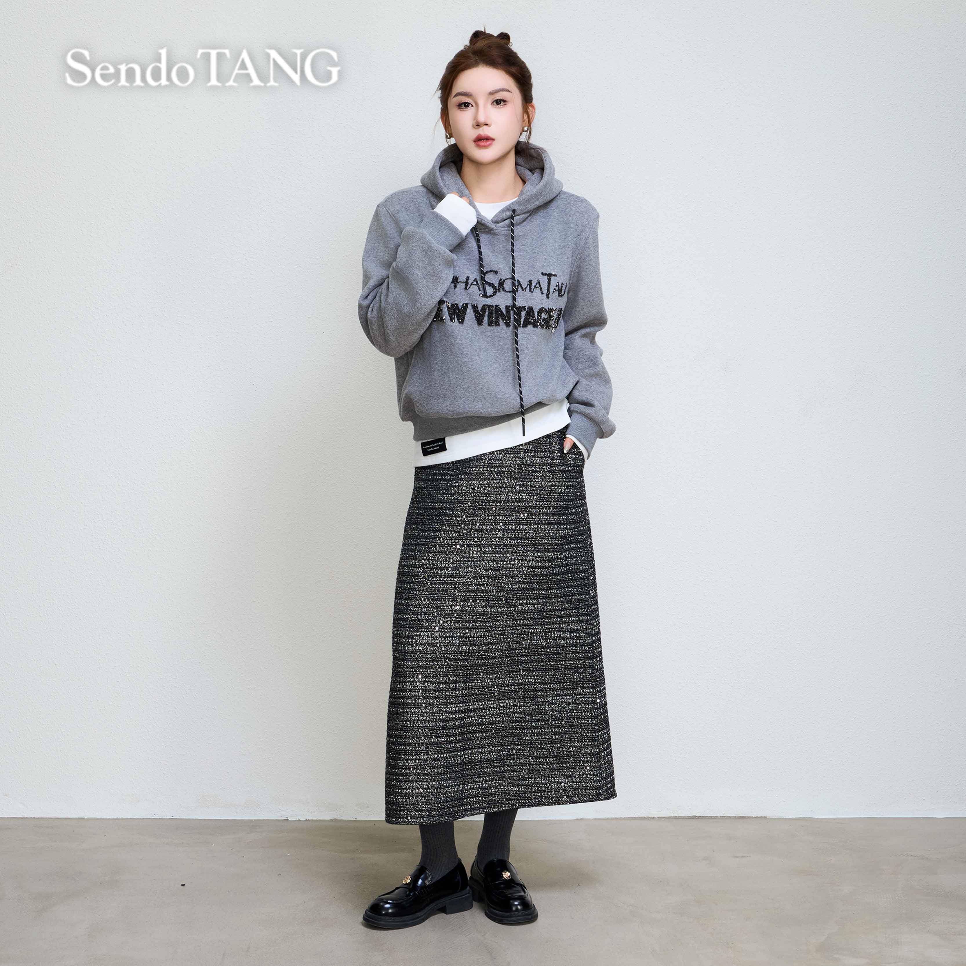 超模穿搭【叠穿法则】胖多女装新款时尚百搭打底字母卫衣半裙套装