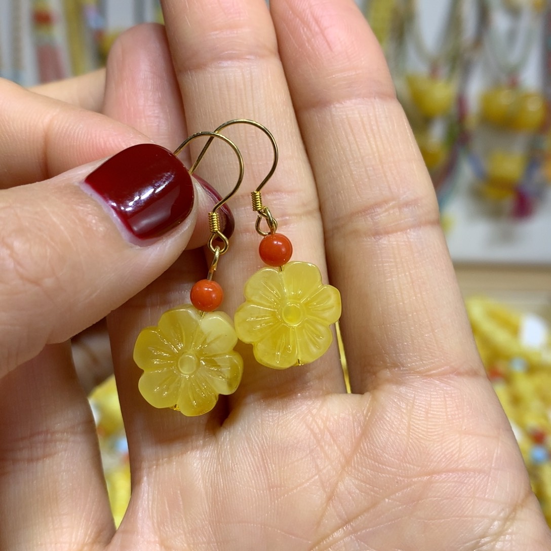 琥珀耳饰银S925镀金镶嵌耳饰