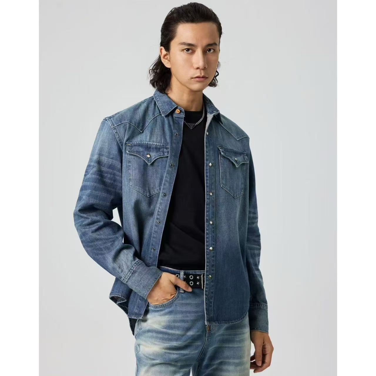 SINGLE SAILOR休闲美式复古重工水洗丹宁蓝色长袖衬衣牛仔衬衫