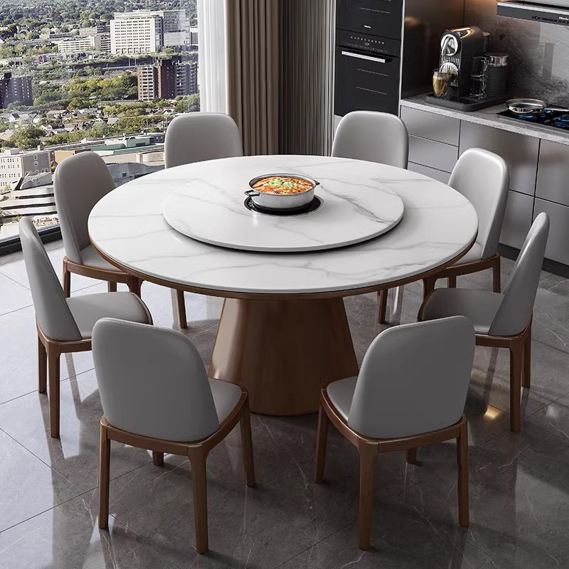 实木岩板圆桌现代简约家用饭桌带转盘轻奢圆形餐桌十人酒店大圆桌