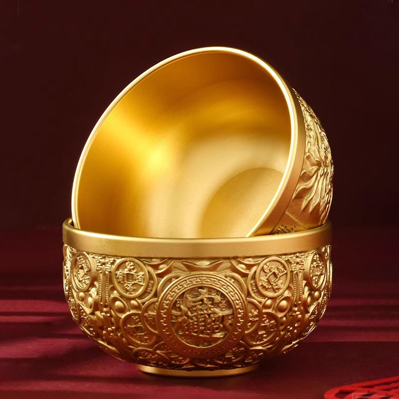 黄铜结婚铜碗百福金碗筷金饭碗摆件金筷子勺子婚庆家居用品摆件