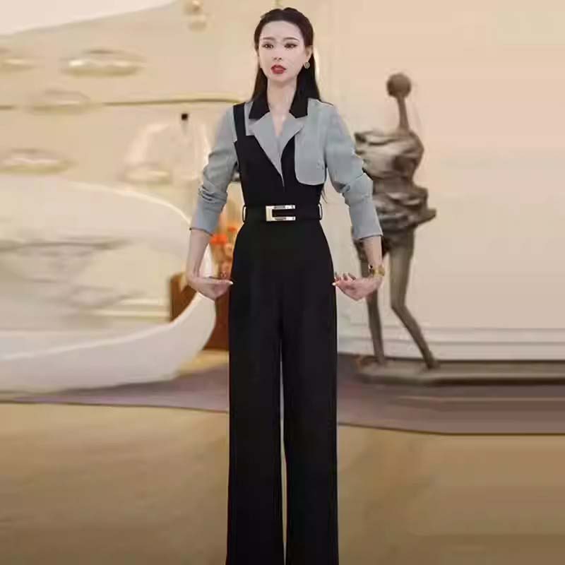 【送腰带】气质连衣裤女高级感时尚千鸟格子拼接阔腿连体裤D3457