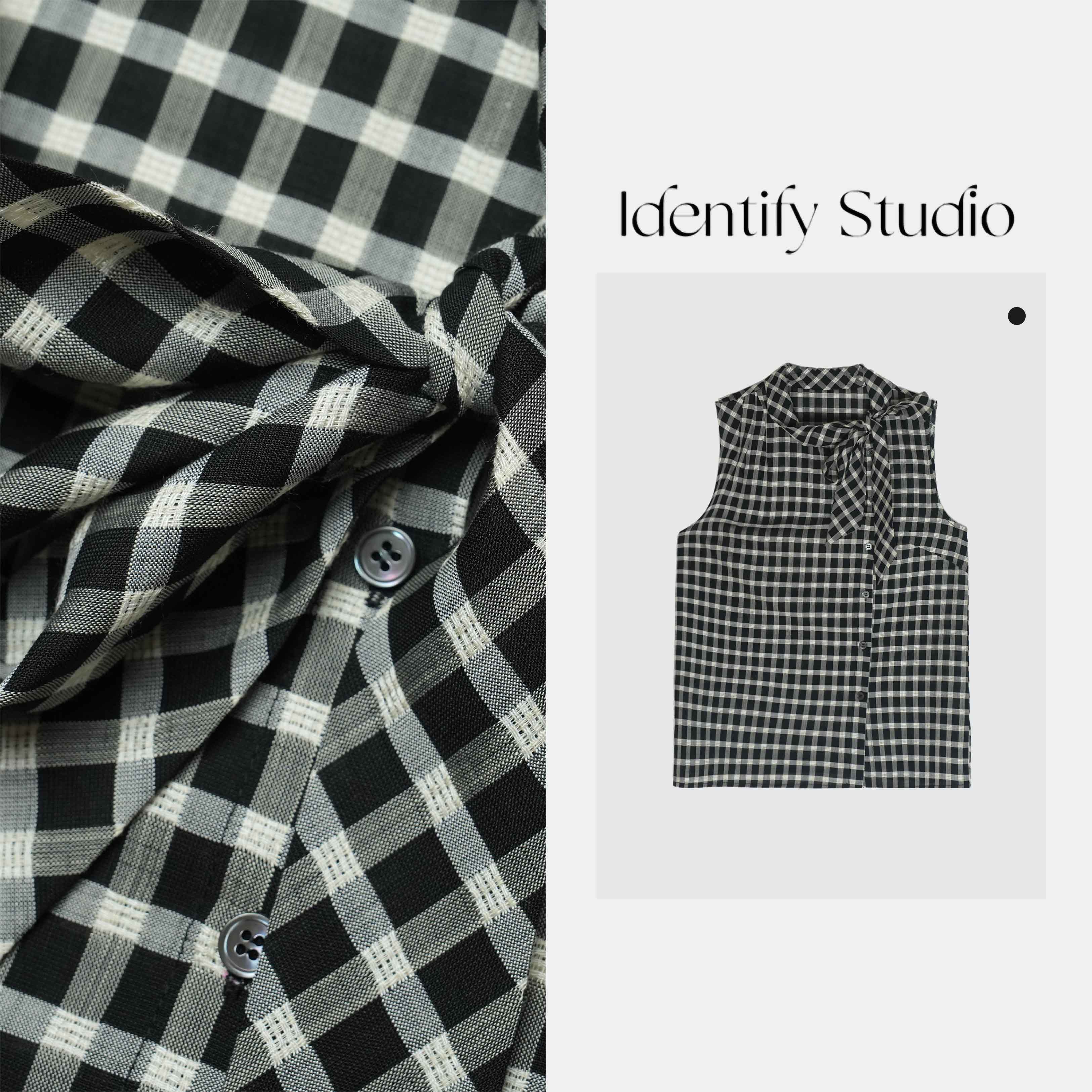 IDENTIFY"簇花格"夏季新款格纹领口绑带设计天丝醋酸无袖上衣25SS